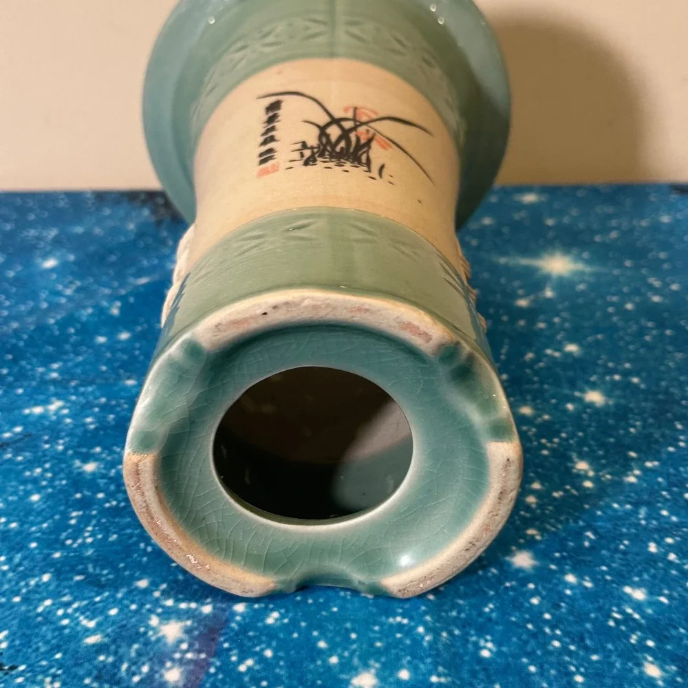 Vintage Korean Celadon Orchid Pot Crackle Glaze Hand Painted Ceramic Vase 10in